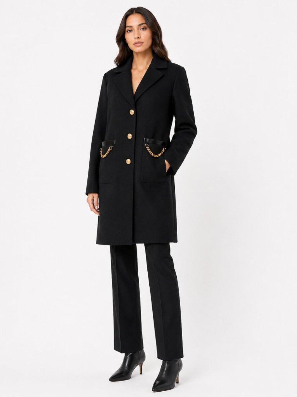 NWT KARL LAGERFELD BLACK WOOL BLEND GOLDEN CHAIN TRENCH COAT- XL